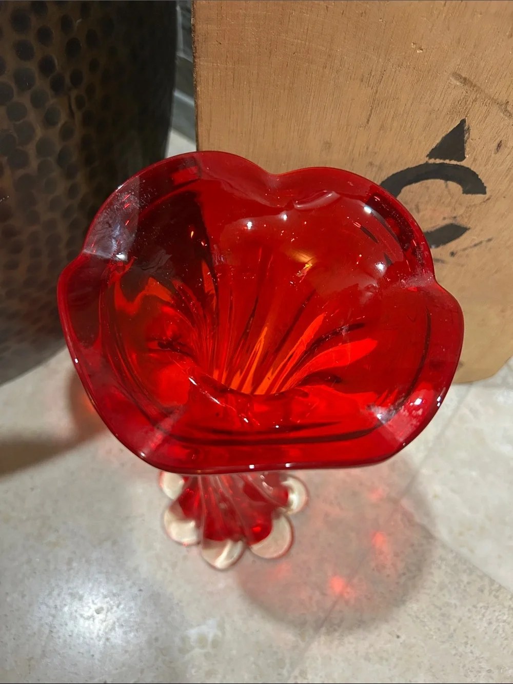 Vintage Red Handblown Fluted Glass Bud Vase - Unbranded
